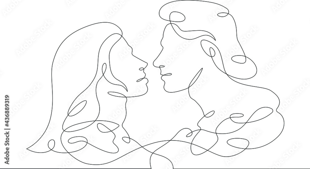 One continuous line.Kissing couple. Kiss of two lovers.Hugs of lovers.One continuous drawing line logo isolated minimal illustration.