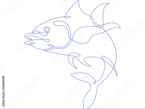 One continuous line.Swimming tuna. Contour silhouette of fish. One continuous drawing line logo isolated minimal illustration.