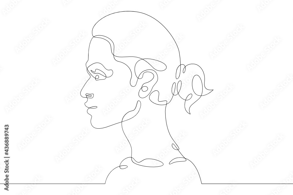 One continuous line.Young woman face profile portrait.Silhouette contour girl.One continuous drawing line logo isolated minimal illustration.