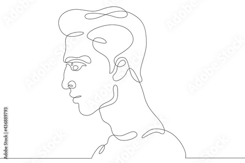 One continuous line.Young man face profile portrait.One continuous drawing line logo isolated minimal illustration.Silhouette contour of a man.