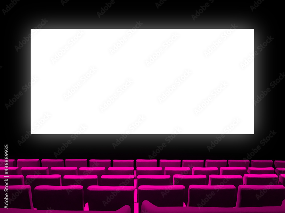 Cinema movie theatre with pink seats and a blank white screen