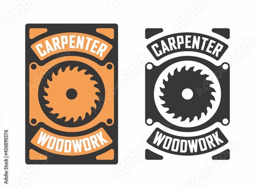 Set of color illustrations of a circular saw, text on the background. Vector illustration in vintage style for emblem, sticker, label, poster. Carpenter services. Print on clothes.