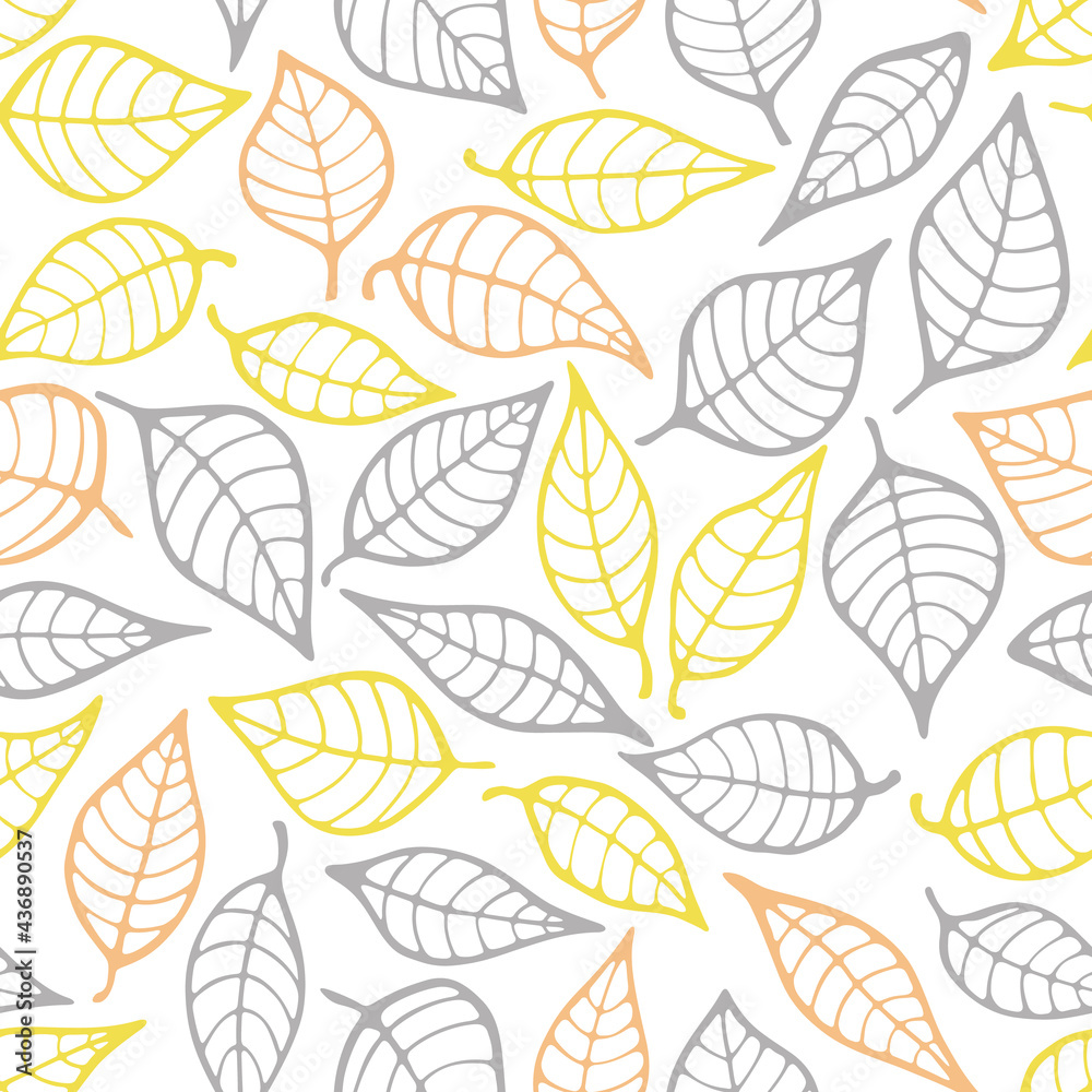 Vector leaves seamless pattern background. Gray, yellow and orange. Hand drawn doodle abstract repeat textures. Surface pattern design for greeting card, wrapping, wallpaper.