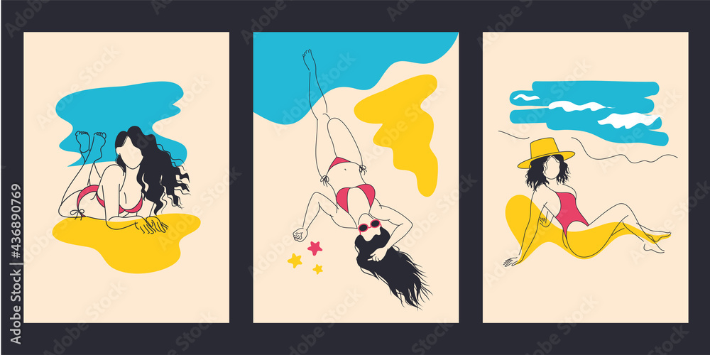 Beach girls having sunbuth on the seaside. Summer recreation. Set of vector illustration, tamplate, minimalism, abstraction, contemporary line art. Poster, banner, print, design element, shopping bag