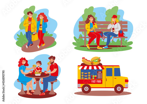 People eating fast food outdoors. Family, freinds, man, woman enjoing street food. Mobile cafe, food truck. Set of vector illustration, concept, character design