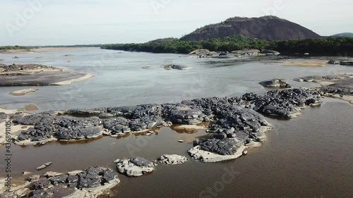 Aerial pull back shot revealing beautiful mountain range and river in Colombia photo