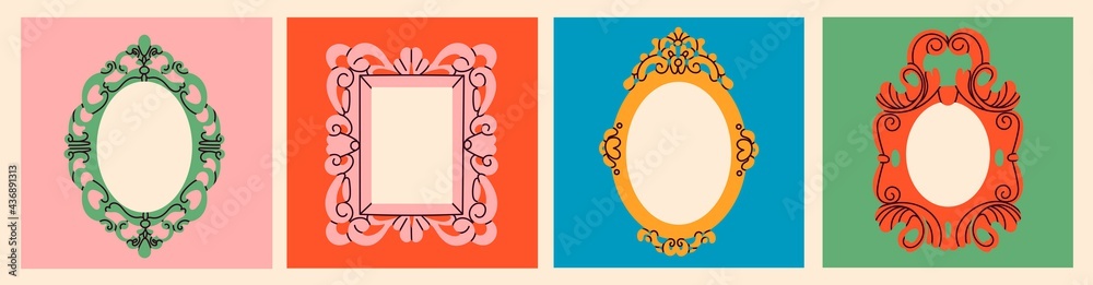 Set of various decorative Frames or borders. Different shapes. Photo or mirror frames. Vintage, retro design. Elegant, modern style. Hand drawn trendy Vector illustration. All elements are isolated