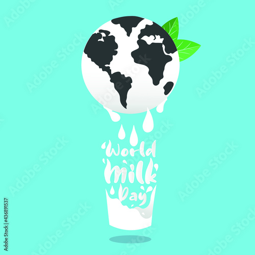 World Milk Day Vector Illustration pouring milk from planet earth with cow pattern. International Milk Day Background. Milk splash with Ripples and Drops. Banner, Card, Poster for web or print.