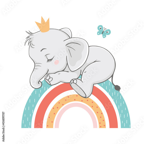 Vector illustration of a cute baby elephant, sleeping on the rainbow.