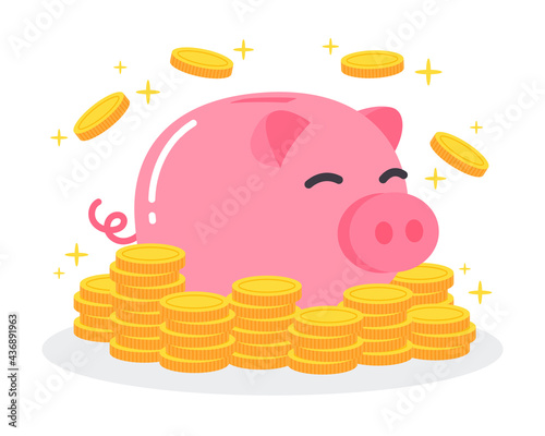 Pink piggy bank with group pile of golden coins. The creative financial concept of saving money and investment. Simple trendy cute cartoon object vector illustration. Modern flat style graphic icon.