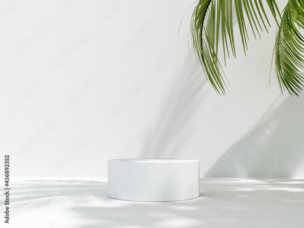 3D render podium, showcase on light white background with shadows in green tropical leaves of plants. Abstract natural,organic background for advertising products, spa body care, relaxation, health. 3D render podium, showcase on light white background with shadows in green tropical leaves of plants. Abstract natural,organic background for advertising products, spa body care, relaxation, health.