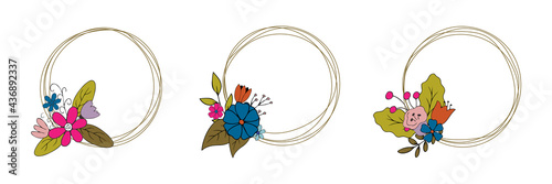 
Set of hand drawn simple frames with bouquet of flowers and leaves. Vector illustration isolated on white background