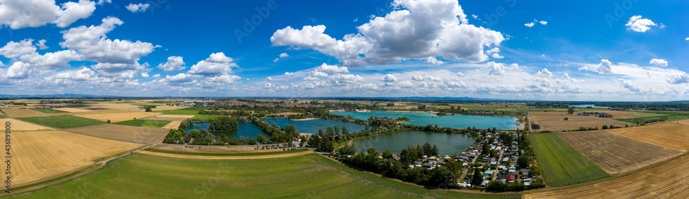 Panoramic view from above of a local recreation area in Hessisch Ried / Germany 