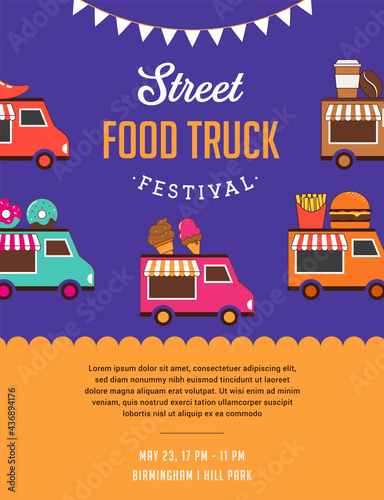Food truck fair, Night market, Summer fest, food and music street fair, family festival poster and banner 