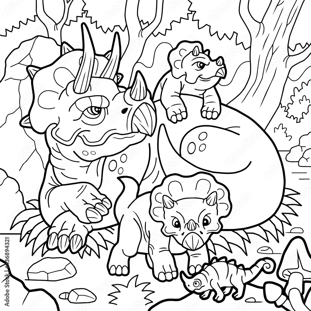 cartoon cute triceratops dinosaurs, coloring page, outline illustration