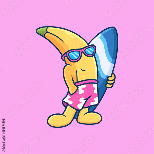 Banana bring Surfboard with Cool Pose. Fruit Summer Vector Icon Illustration, Isolated on Premium Vector