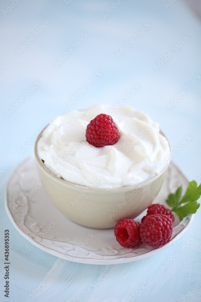 Small Bowl of White Yogurt on Plate with Fresh Raspberries and Green Garnish Small Bowl of White Yogurt on Plate with Fresh Raspberries and Green Garnish
