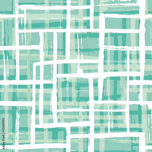 Abstract painted Bauhaus style layout vector seamless pattern background. Duotone blue white grid backdrop with blended layers of painterly brush stroke stripes. Modern weave effect texture repeat.