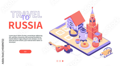 Travel to Russia - modern colorful isometric web banner