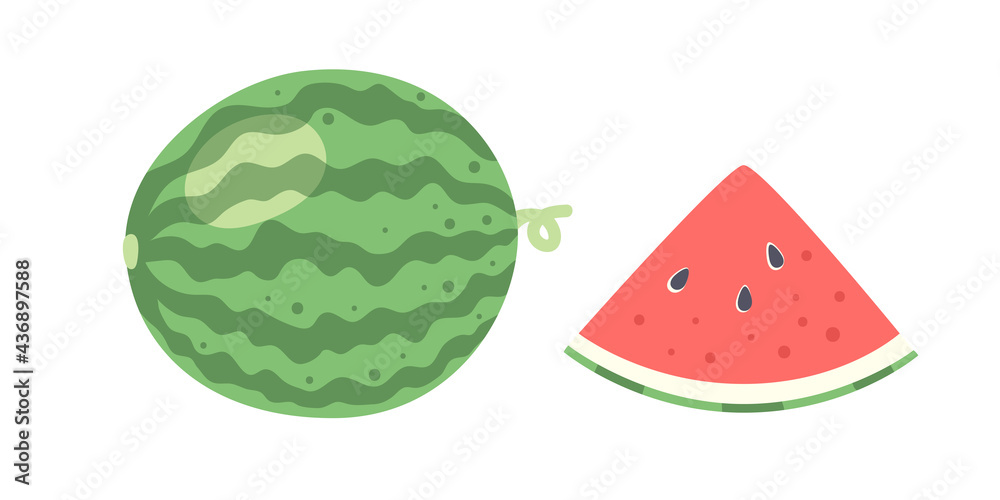 Fresh watermelon whole and slices. Summer tropical fruits symbol. Vector illustration in flat cartoon style isolated on white background Fresh watermelon whole and slices. Summer tropical fruits symbol. Vector illustration in flat cartoon style isolated on white background