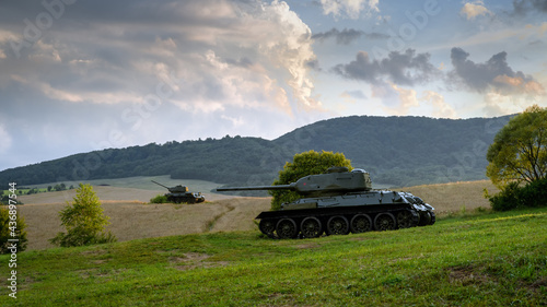 Soviet medium tank T-34 85 in the Valley of Death (Udolie smrti) - WWII battle area (the Battle of the Dukla Pass). Slovakia - Svidnik region - between the villages Kapišová, Kružľová and Nižná Pisana