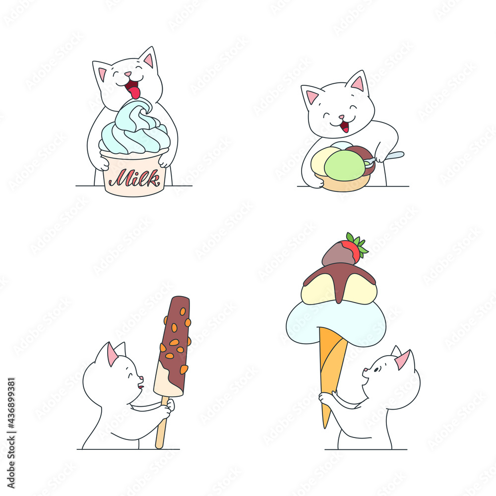 Happy cat with an ice cream set. Cute illustrations of a white cat enjoying an ice cream isolated on a white background. Vector 10 EPS.