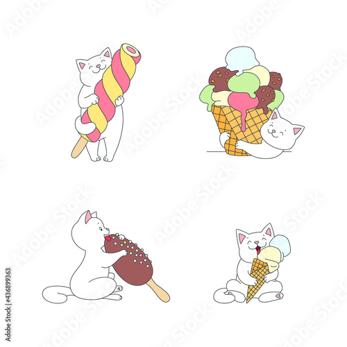 Happy cat with an ice cream set. Cute illustrations of a white cat enjoying an ice cream isolated on a white background. Vector 10 EPS.
