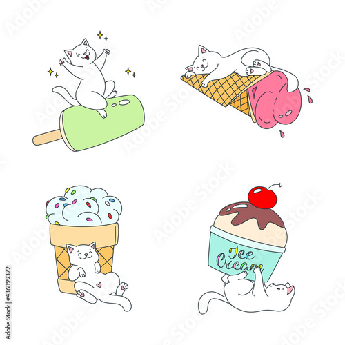 Happy cat with an ice cream set. Cute illustrations of a white cat enjoying an ice cream isolated on a white background. Vector 10 EPS.