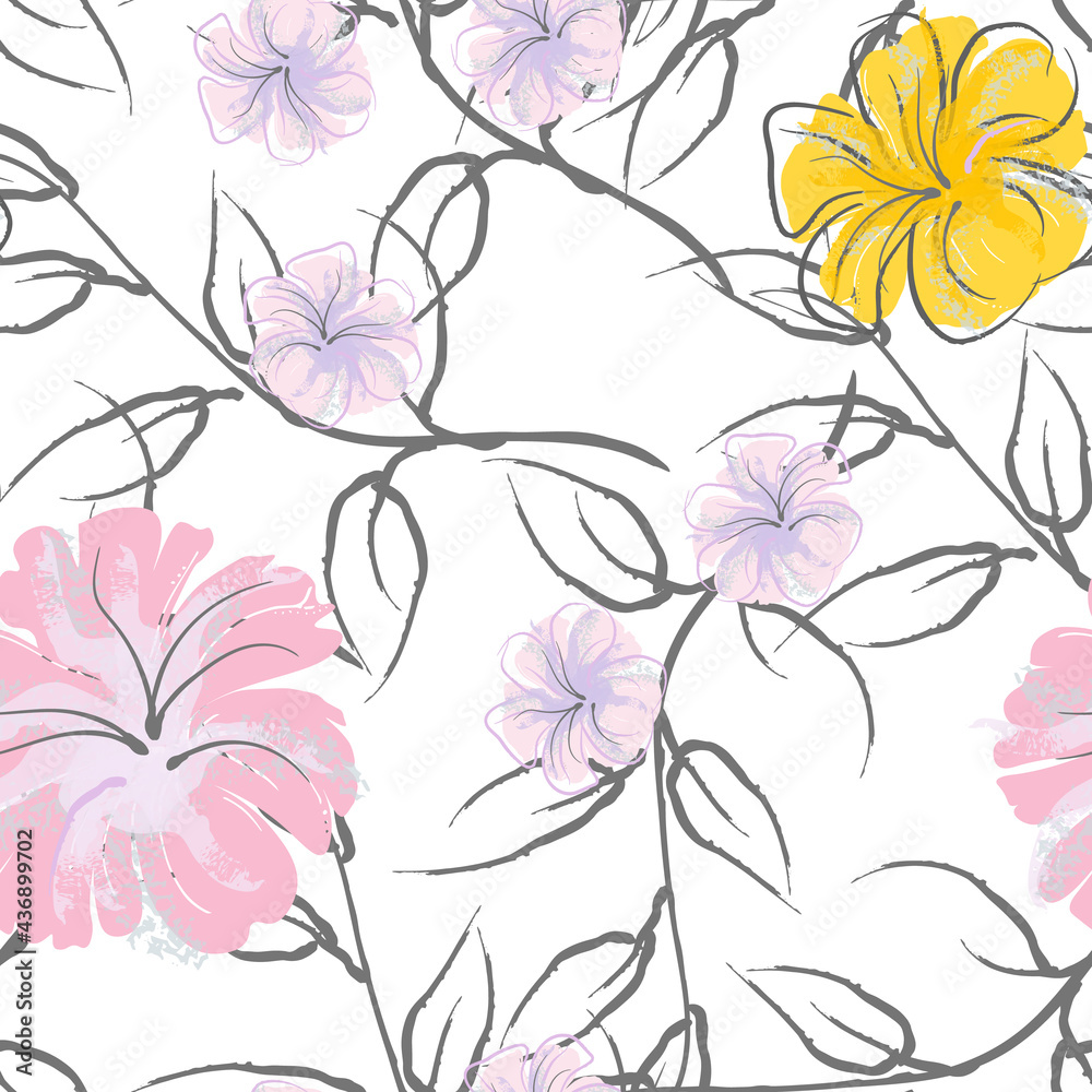 Pink Flowers Blooming Pattern. Pastel Watercolor. Pink Flowers Blooming Pattern. Pastel Watercolor.