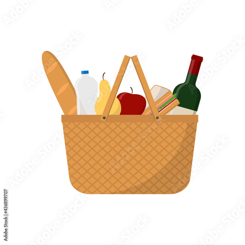 Wicker picnic basket with wine, sandwich, apple, pear, french bread and water bottle. Flat vector illustration isolated on white background