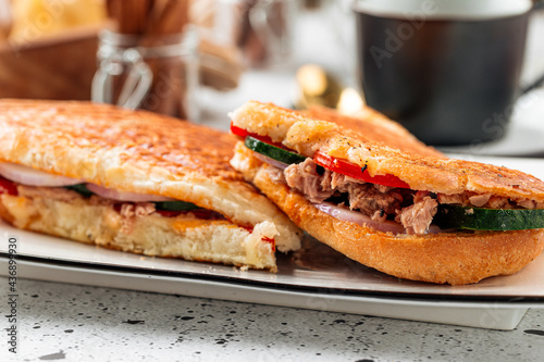 Fresh grilled tuna panini on a light background