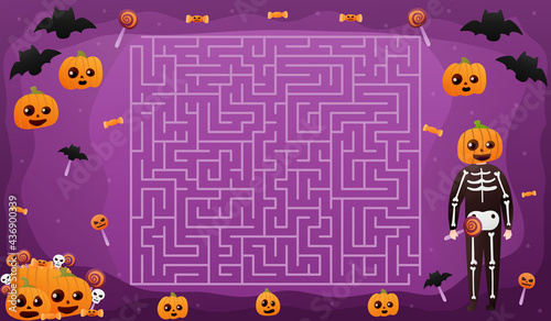 Halloween labyrinth with cute pumpkin character, help to find right way to sweets, flying bats on purple background, colourful printable worksheet for kids in cartoon style