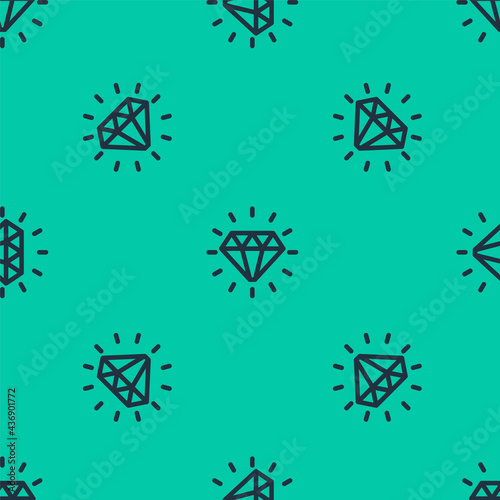 Blue line Diamond icon isolated seamless pattern on green background. Jewelry symbol. Gem stone. Vector