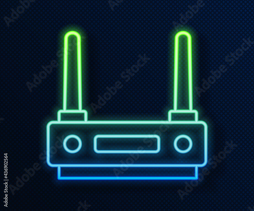 Glowing neon line Router and wi-fi signal icon isolated on blue background. Wireless ethernet modem router. Computer technology internet. Vector