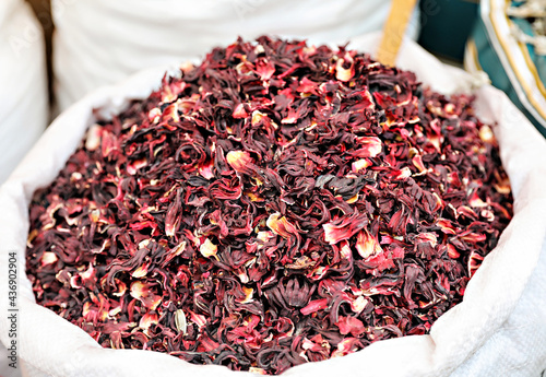 Bulk tea in a big cloth basket for sale in the market in Amman, Jordan. 