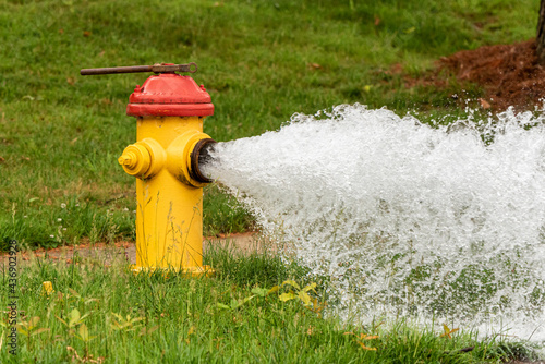 An suburban fire hydrant that has been opened letting water freely flow.