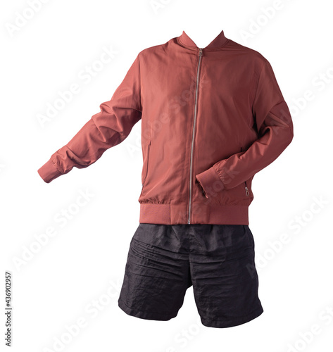 mens bomber jacket sports shorts isolated on white background. fashionable casual wear photo