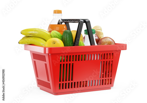 Red shopping basket with fresh food. Online buying and delivery. Render 3D. Isolated on white background