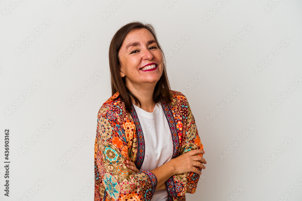 Middle age caucasian woman isolated on white background laughing and having fun.
