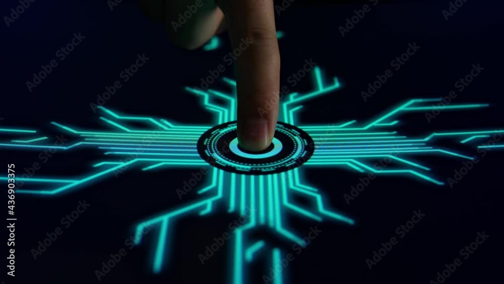 Human Finger Pushes Touch Digital Power Button With Futuristic Artificial Intelligence Spreading Through Internet. Visualization Of Machine Learning, Computer Technology, Neural Network
