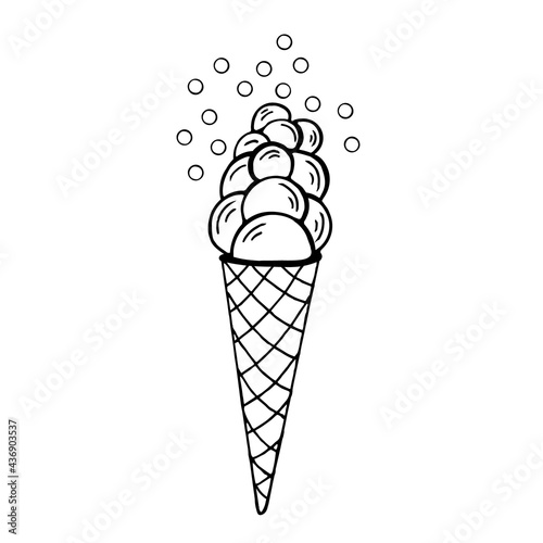 Ice cream in a waffle cup with bubbles on a white background, doodle.Vector dessert can be used in menus,textiles, and postcards. © VERONIKA
