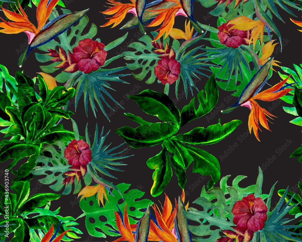 Natural Monstera Wallpaper. Pink Banana Leaf Backdrop. Green Seamless Set. Greenery Pattern Illustration. Red Watercolor Texture. Tropical Foliage. Summer Illustration.