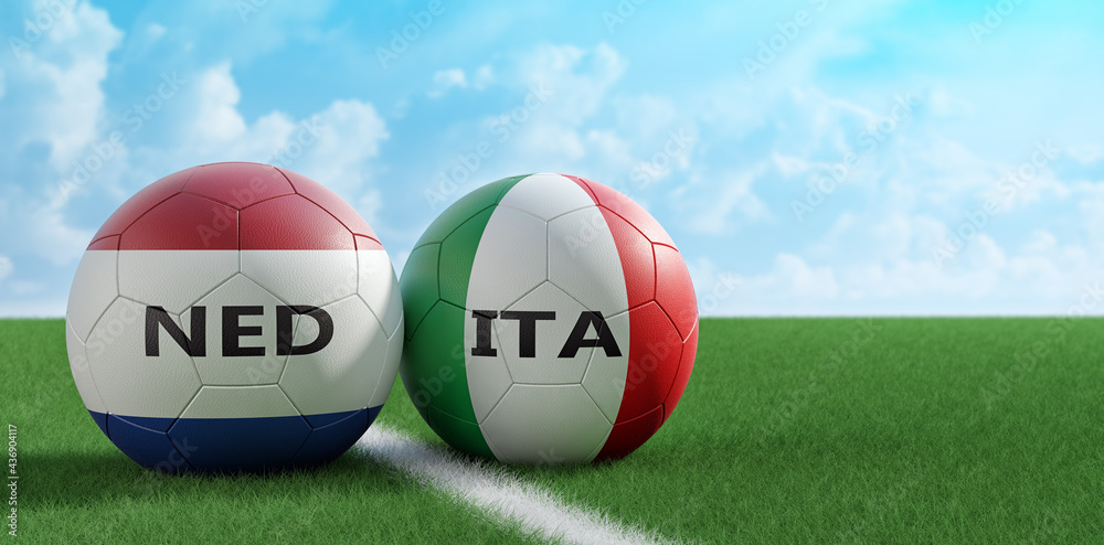 Netherlands vs. Italy Soccer Match - Leather balls in Netherlands and Italy national colors on a soccer field. Copy space on the right side - 3D Rendering Netherlands vs. Italy Soccer Match - Leather balls in Netherlands and Italy national colors on a soccer field. Copy space on the right side - 3D Rendering