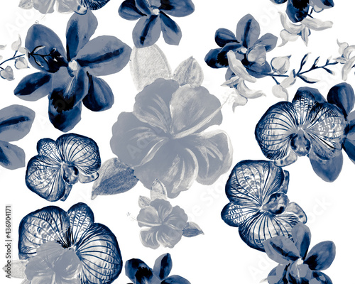 Indigo Botanical Plant. Azure Orchid Background. Navy Hibiscus Texture. Flower Leaf. Watercolor Foliage. Seamless Leaves. Pattern Backdrop. Tropical Plant.
