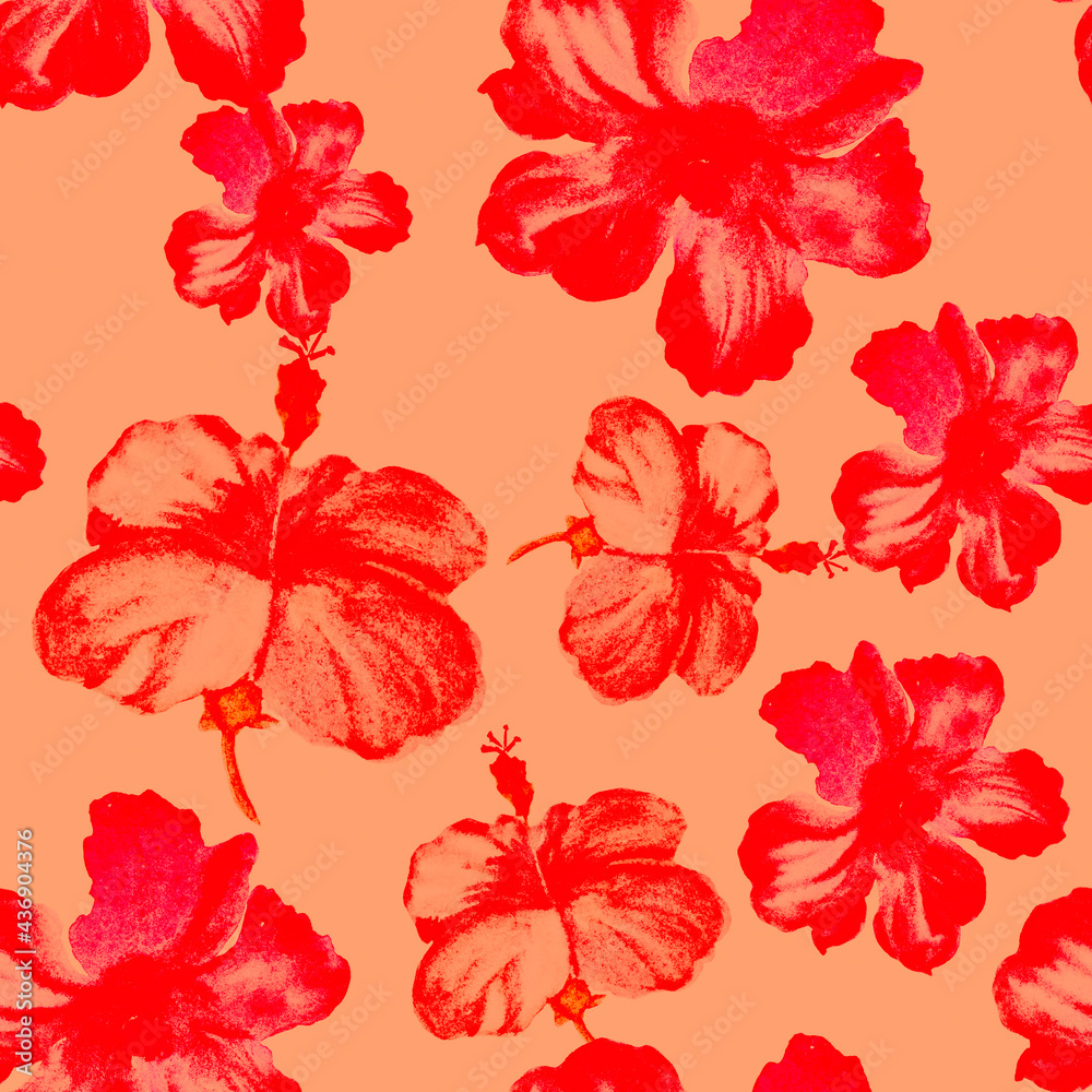 Red Hibiscus Jungle. Pink Seamless Illustration. Fuchsia Flower Design. Coral Watercolor Textile. Scarlet Pattern Garden. Coral Tropical Palm. Summer Wallpaper.