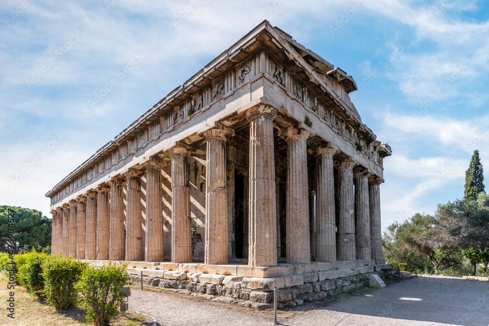 Athens, Attica, Greece. The Temple of Hephaestus or Hephaistos (also Hephesteum or Hephaisteion) is an ancient greek temple at the archaeological site of Agora of Athens in Theseion under Acropolis