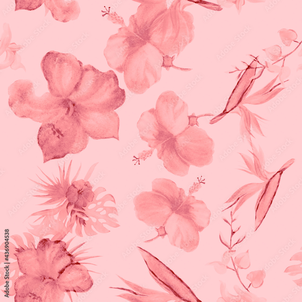 Pink Hibiscus Backdrop. Fuchsia Flower Leaf. Coral Seamless Design. Blur Watercolor Decor. Pattern Jungle.Tropical Set. Exotic Design.Nature Garden.
