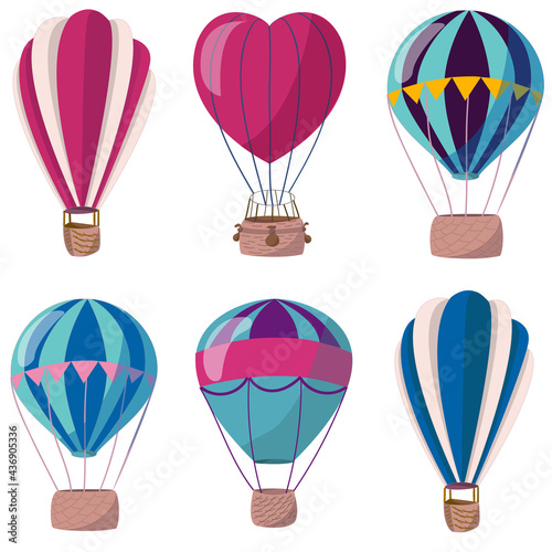 Set of hot air balloons. Flat vector illustration for web design, stationery, flyers, kids goods.