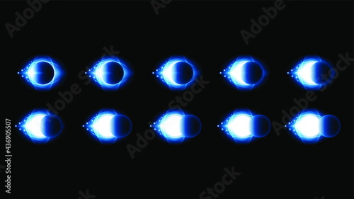 Set Collection Phases Of A Solar And Lunar Eclipse On Dark Background Sun