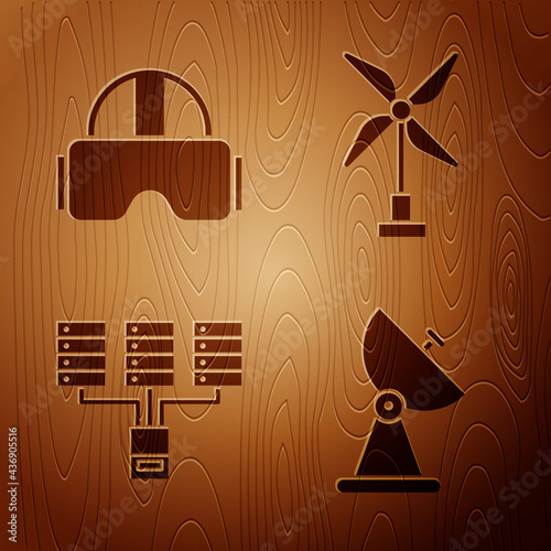 Set Radar, Virtual reality glasses, Server, Data, Web Hosting and Wind turbine on wooden background. Vector